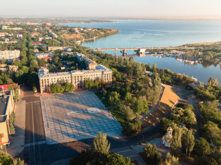City peninsula over the river in Ukraine, Nikolaev. From a bird’s eye view from a drone. River port, Mykolaiv, Mykolaiv Oblast, Ukraine